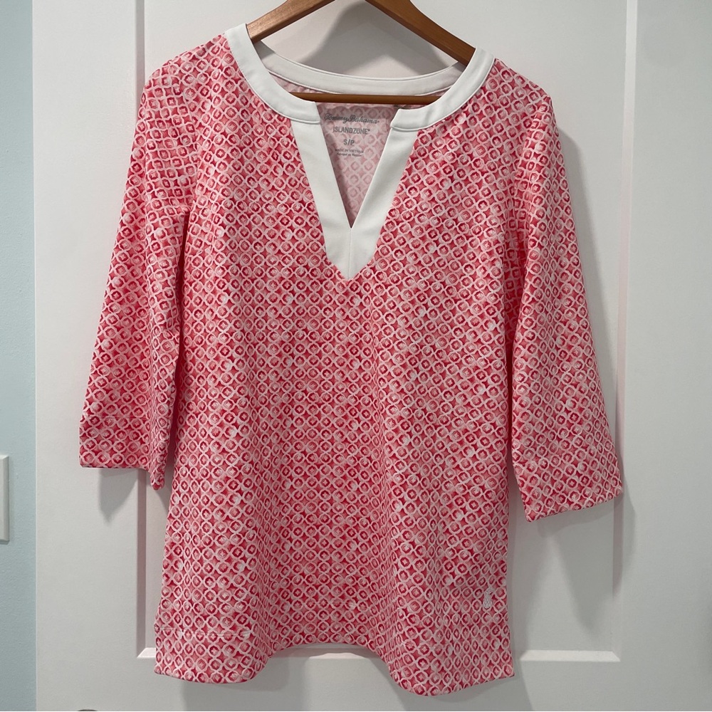 Tommy Bahama Island Zone Aubrey Pink 3/4 Sleeve V Neck UPF 30 Tunic Top NWT (Sm)